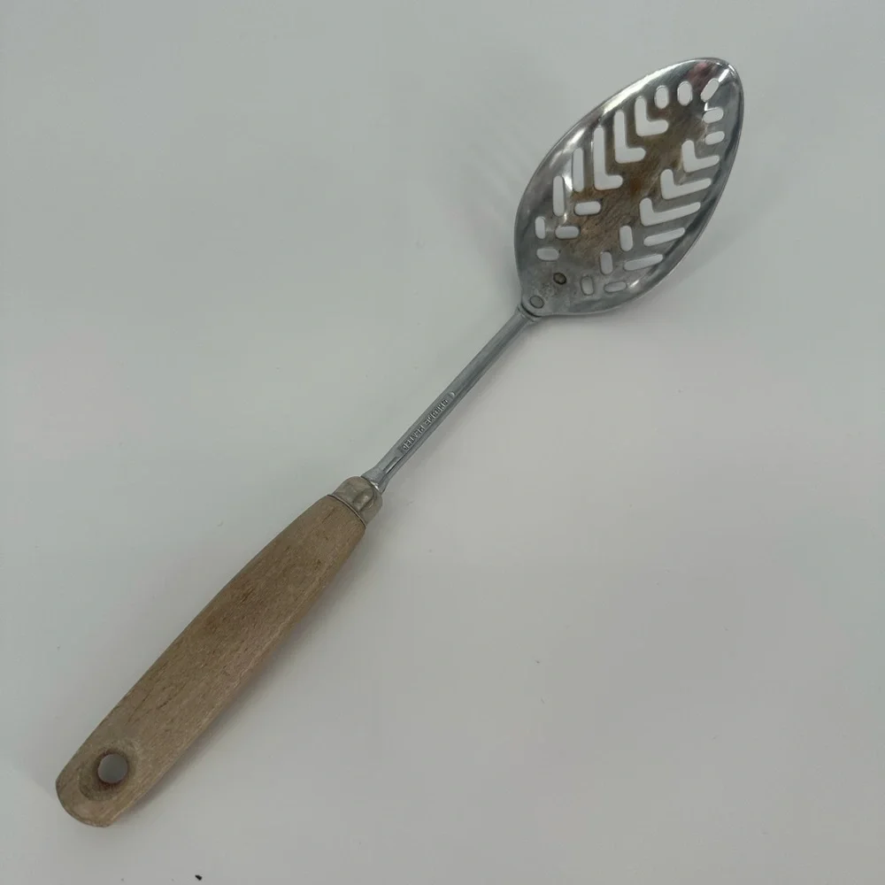 Vintage Ekco Slotted Spoon Approximately 12 inch Wooden Handle Chrome Plated